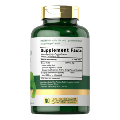 Ginkgo Biloba 6000 Mg 200 Cápsulas Máxima Potencia Suplemento Cognitivo