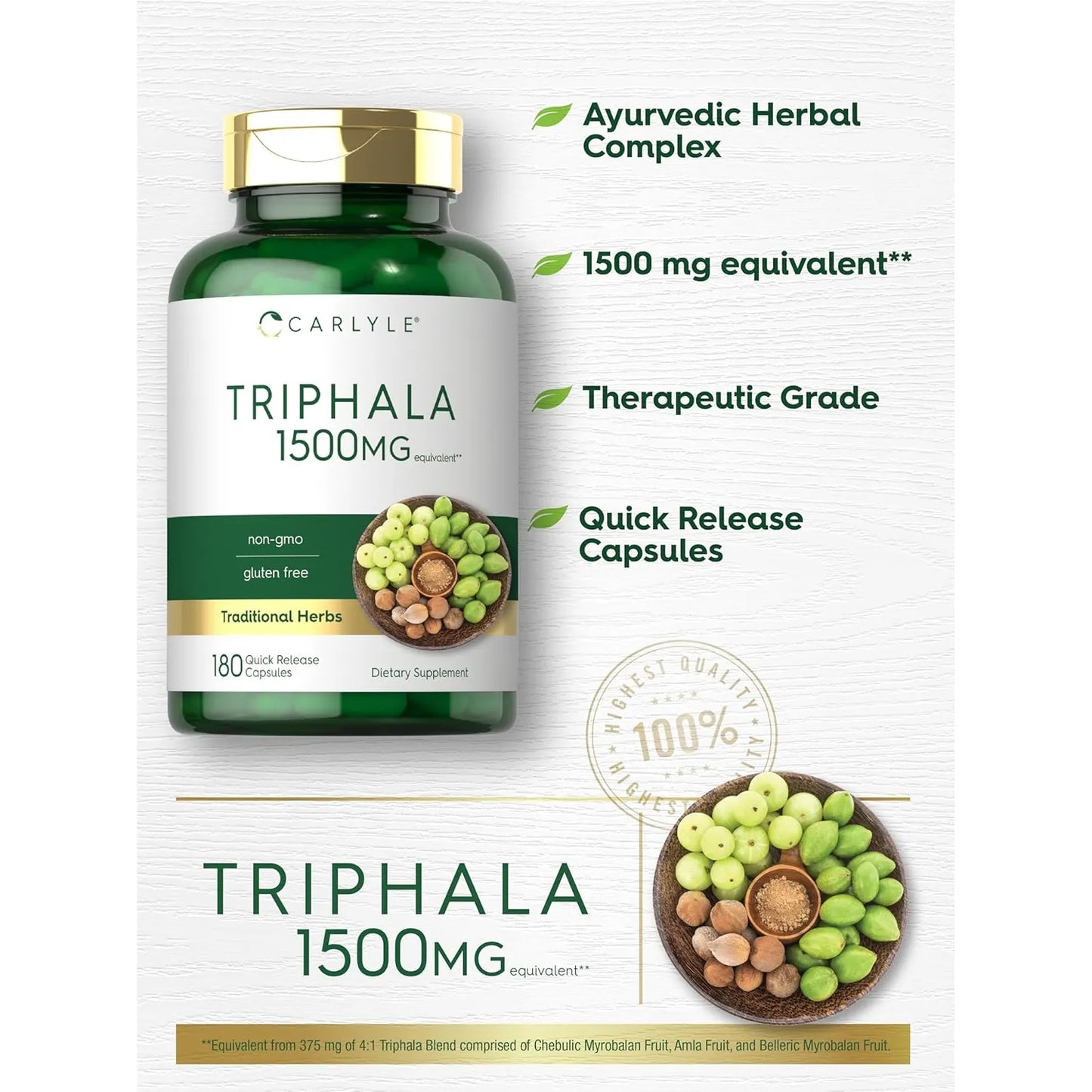 Carlyle Triphala Capsulas 1500 Mg 180 Unidades Digestión Natural Sin Gluten