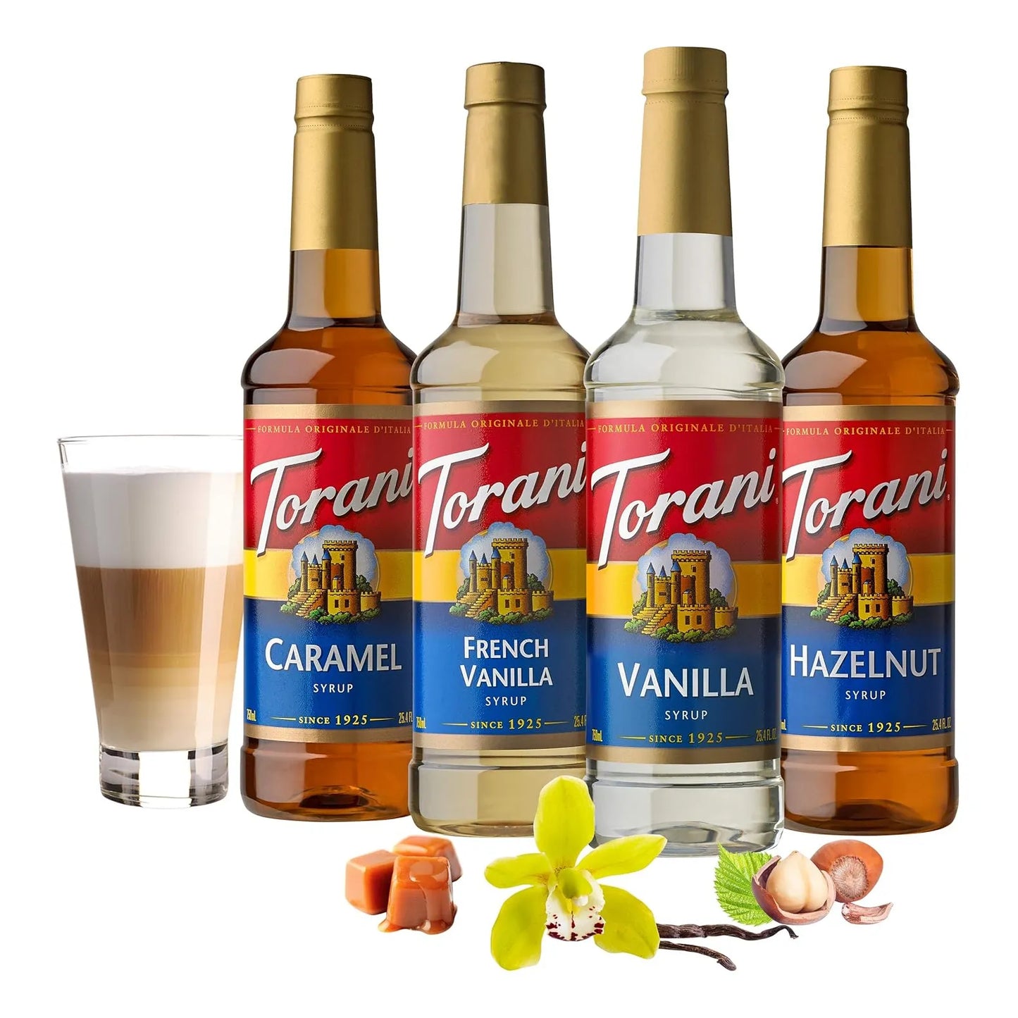 Paquete Variado 4 Sabores Torani Caramelo Vainilla Avellana 720 Ml