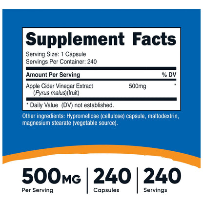 Vinagre De Manzana En Capsulas 240 Unidades 500 Mg Con La Madre