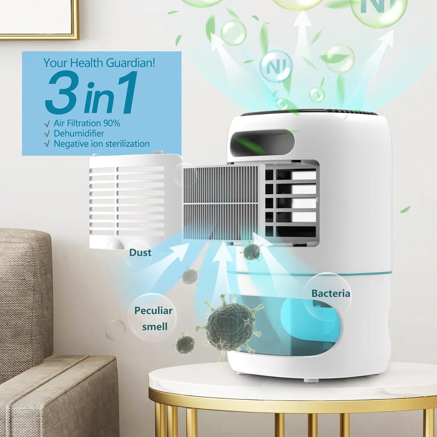 Deshumidificador Compacto Con Purificador De Aire 1000Ml Tecnologia Peltier Luces Led