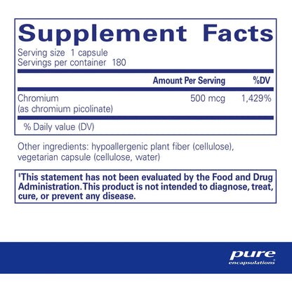 Cromo Picolinato 500 Mcg 180 Capsulas Metabolismo Lípidos Carbohidratos