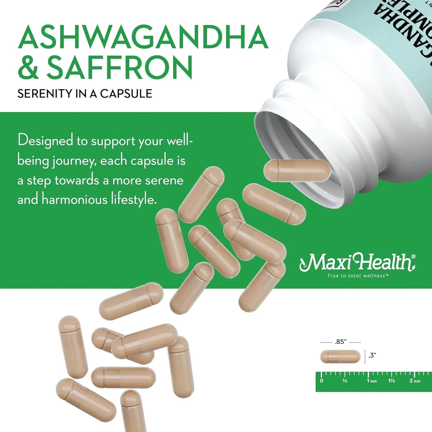 Complejo De Ashwagandha Y Azafran 600 Mg Serenidad Y Relajacion Maxi Health