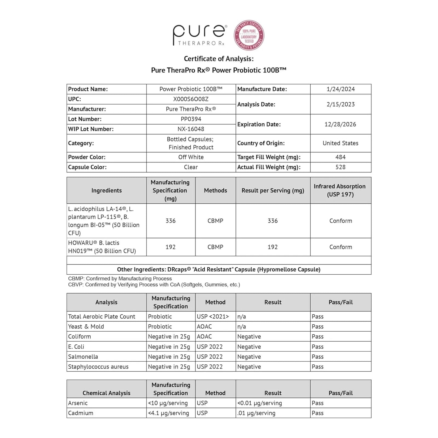 Probiótico Pure TheraPro Rx Power 100B 30 Cápsulas Flora Digestiva
