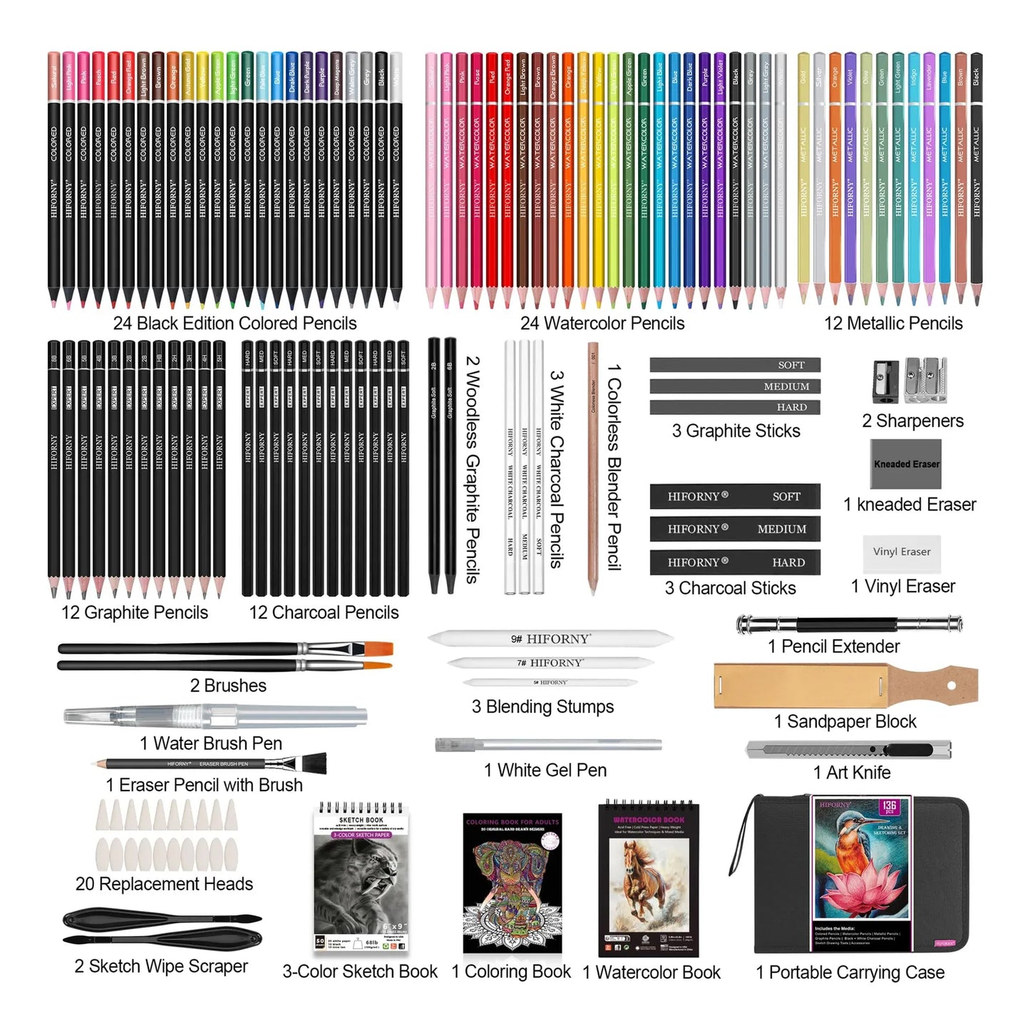 Kit Completo 136 Piezas Dibujo Profesional Grafito Carbon Acuarela Colores Metalicos