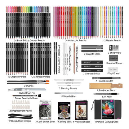 Kit Completo 136 Piezas Dibujo Profesional Grafito Carbon Acuarela Colores Metalicos