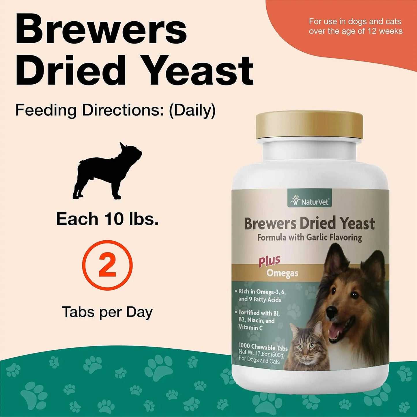 NaturVet Levadura Seca Cerveza Sabor Ajo Con Omegas 1000 Tabletas Masticables Para Perros Y Gatos
