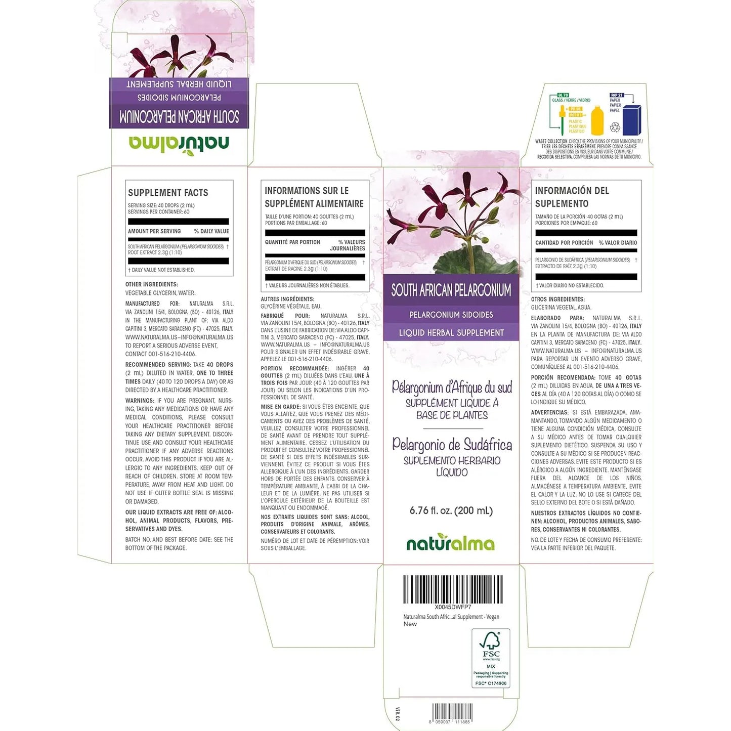 Tintura De Pelargonium Sudafricano Extracto Liquido 200 Ml Vegano Sin Alcohol