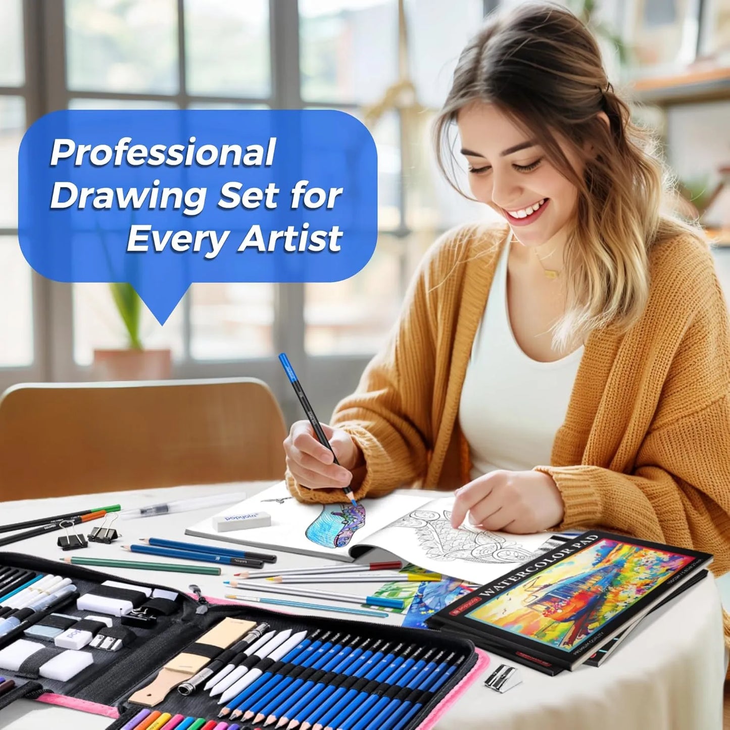 Kit De Dibujo Profesional 133 Piezas Con Cuaderno Y Accesorios Completo