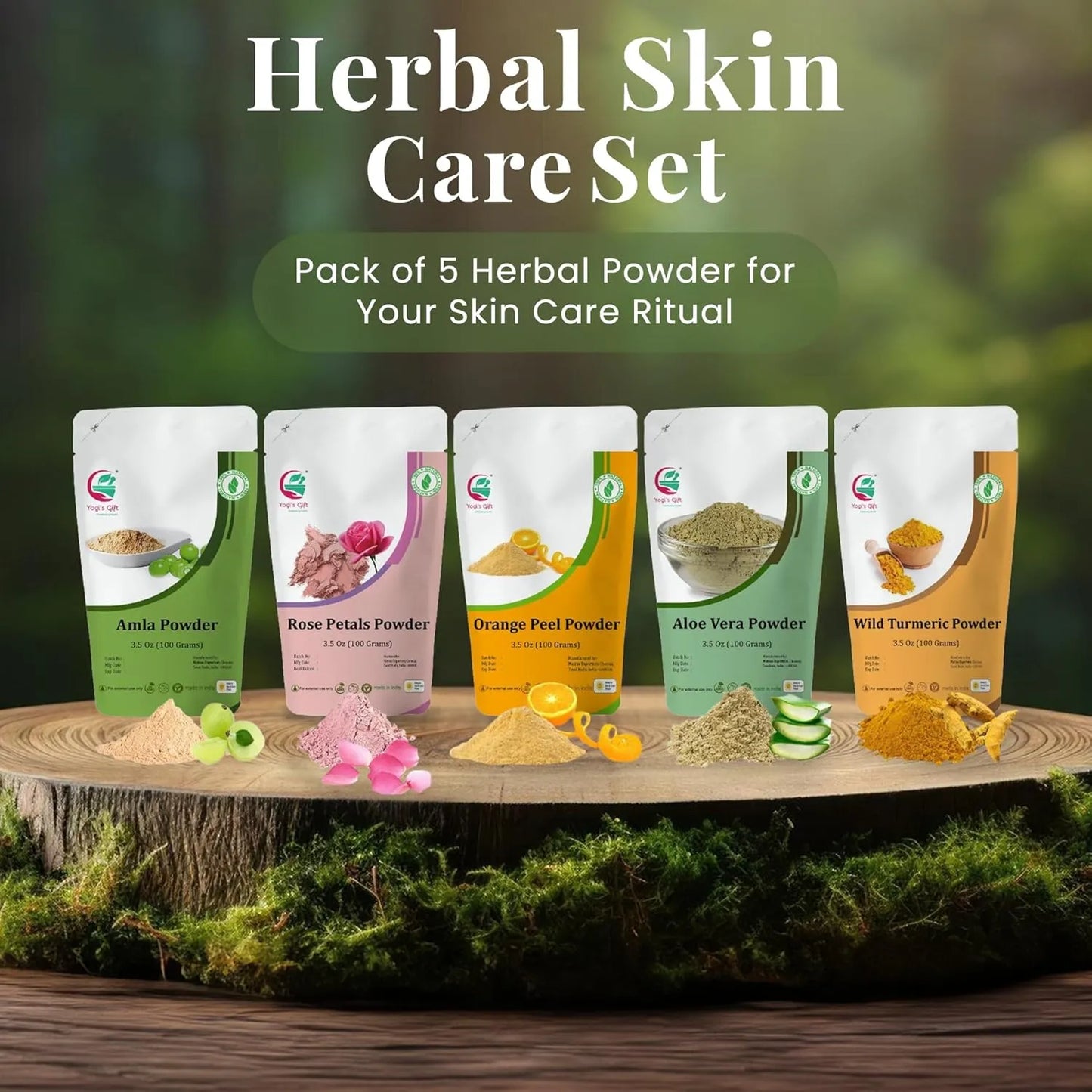 Set 5 Polvos Ayurvédicos Cuidado Facial Aloe Vera Amla Cáscara Naranja Rosa Cúrcuma