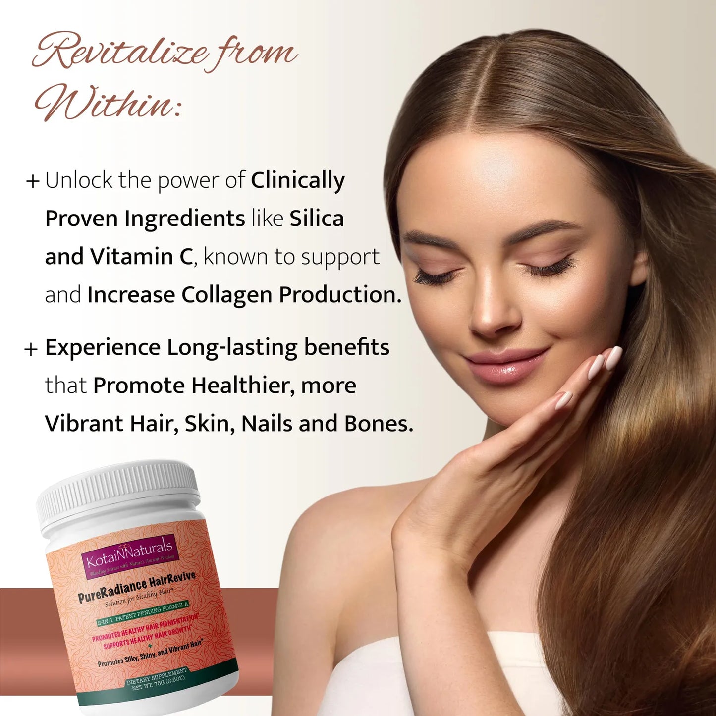 Pure Radiance Hair Revive Polvo Sin Sabor Crecimiento Capilar Y Reversión De Canas