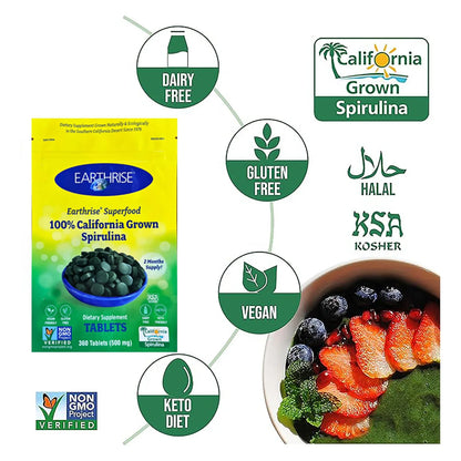 Tabletas De Espirulina Natural 500 Mg 360 Unids Vegana Sin Gluten Cultivada En California