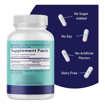 Benfotiamina 600 Mg 120 Cápsulas Veganas Sin Aditivos Máxima Absorción