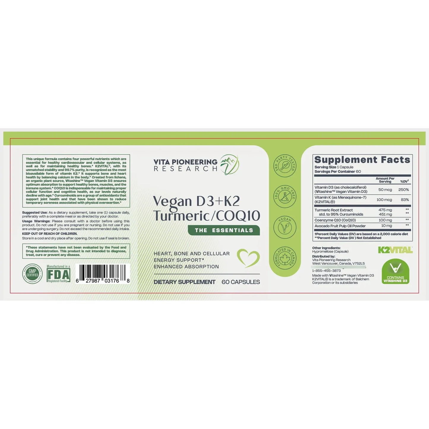 Vitamina Vegana 4 En 1 D3 K2 Cúrcuma COQ10 Polvo De Aguacate Absorción Superior