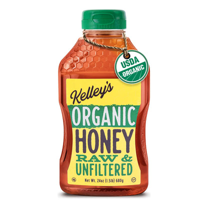 Miel Cruda Orgánica Kelley's Botella Exprimible 24 Onzas Certificada USDA