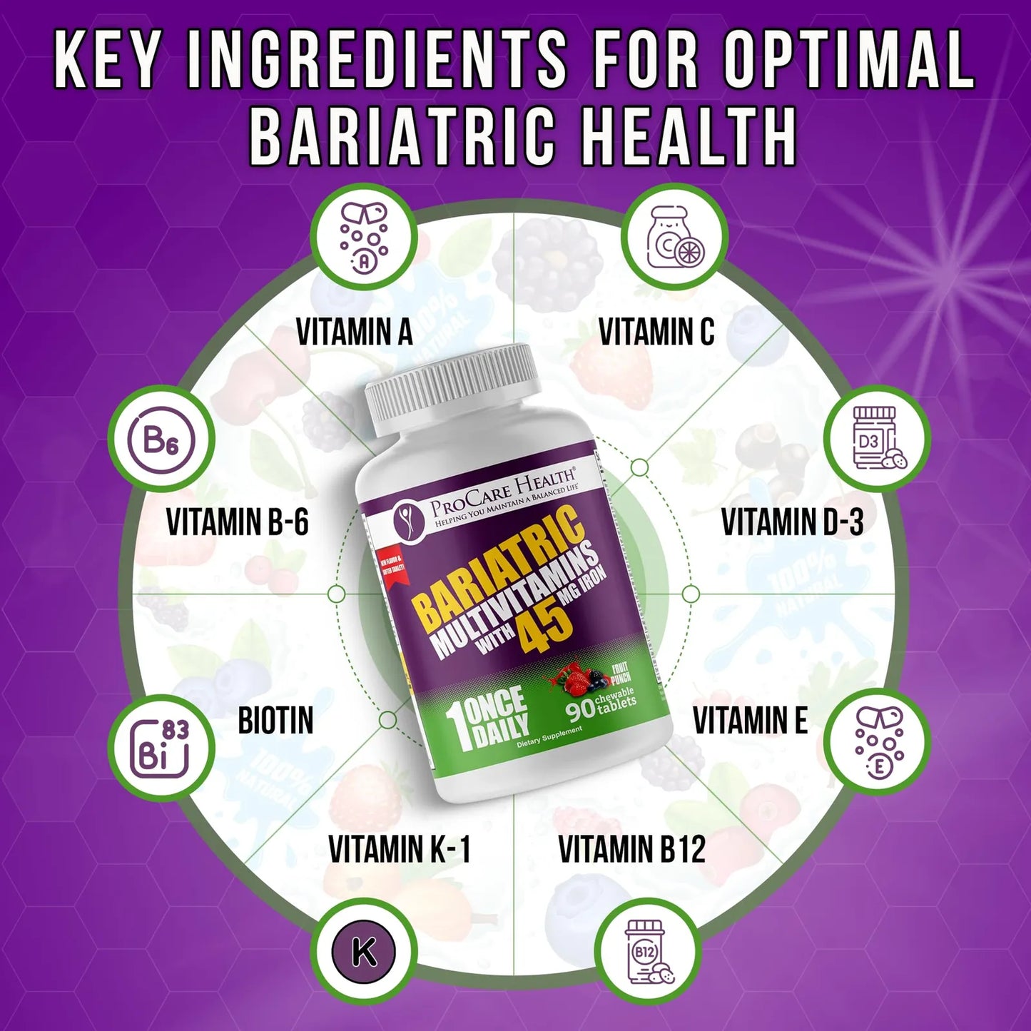 Multivitamínico Bariátrico Masticable Con Hierro 45 Mg Sabor Ponche De Fruta 90 Tabletas