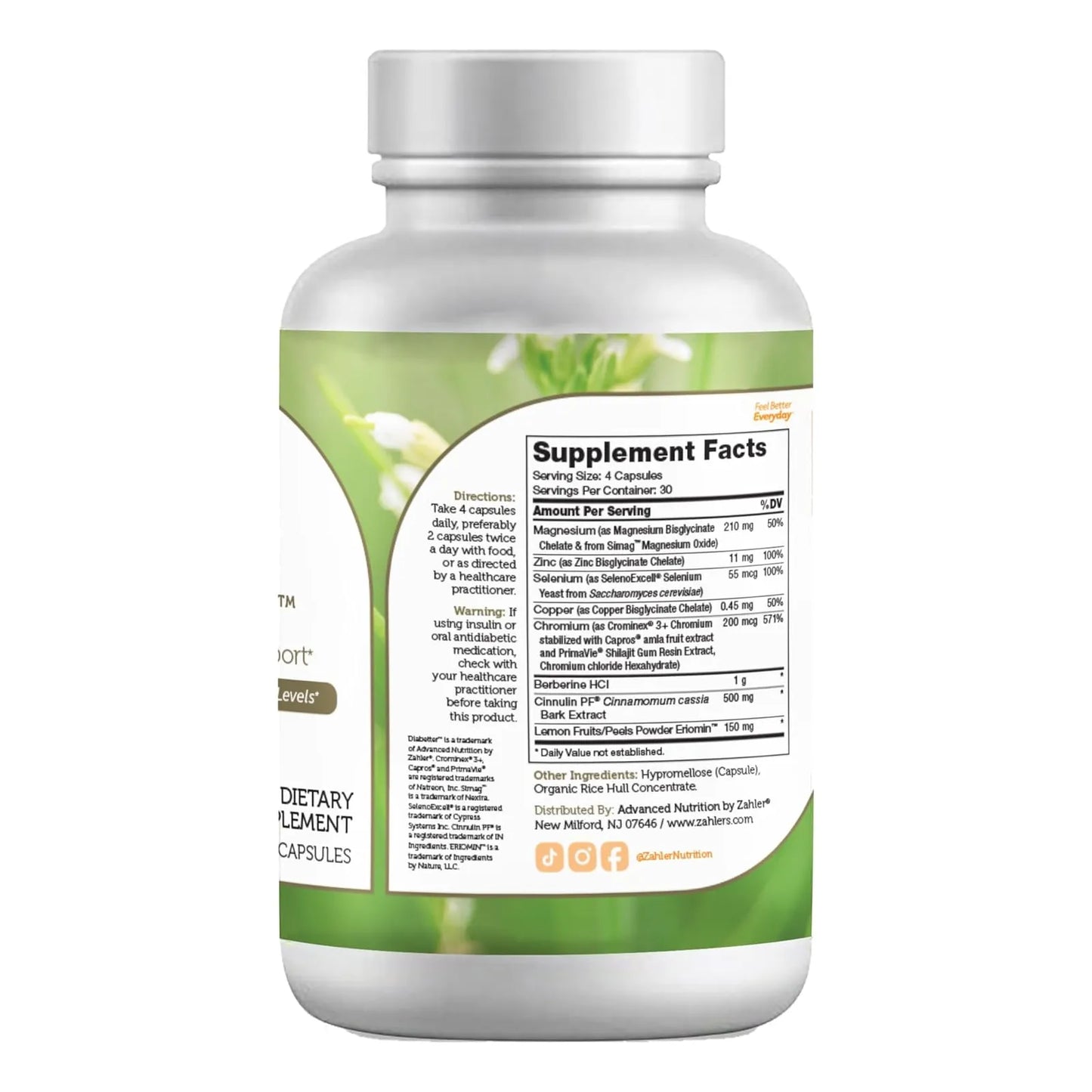 Suplemento Avanzado De Apoyo A La Glucosa Con Canela Zahler Diabetter 120 Cápsulas Certificado Kosher