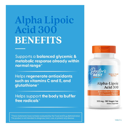 Doctors Best Alpha Lipoic Acid 300 Mg Antioxidante Balance Glucémico 180 Cápsulas Veganas