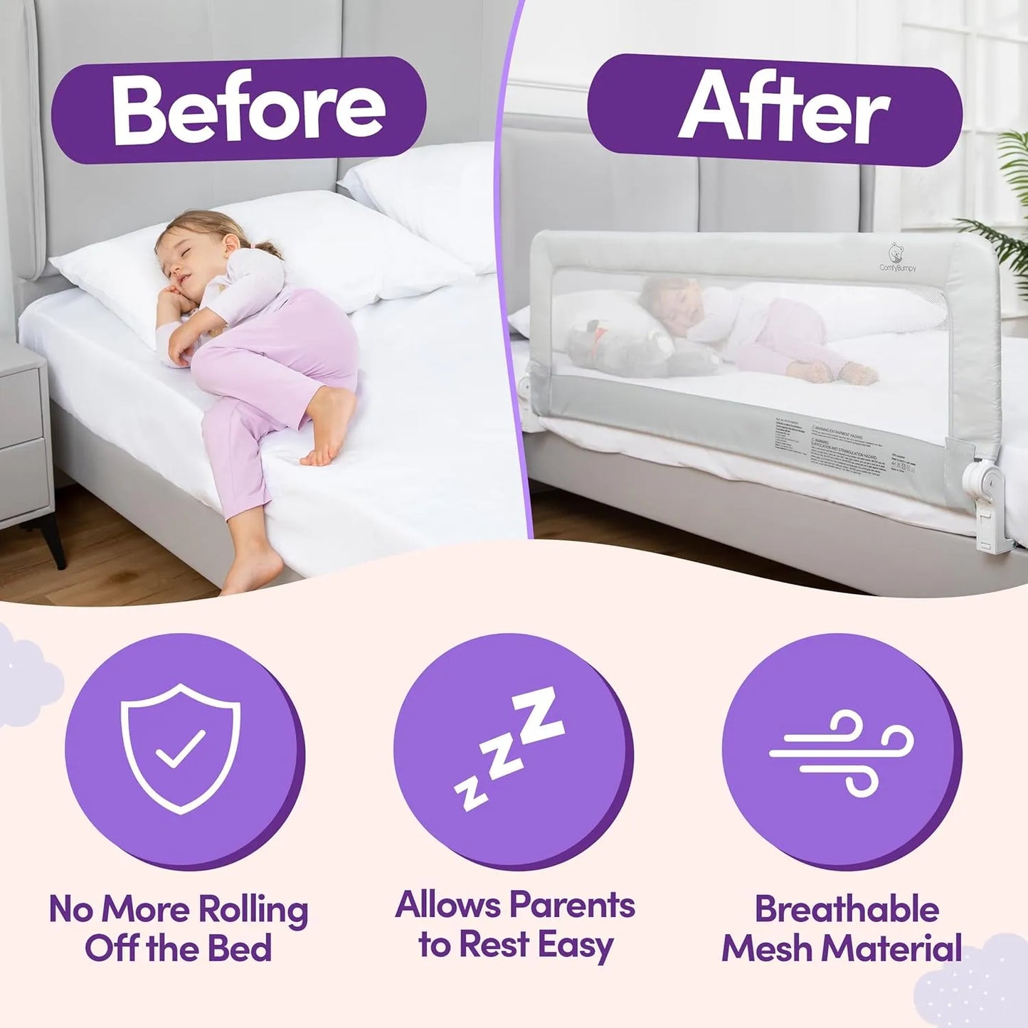 Rieles De Cama Extra Largos Para Niños Protector Ajustable ComfyBumpy Seguridad Y Comodidad
