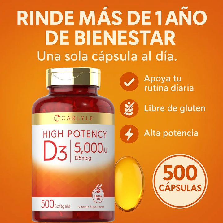 Vitamina D3 5000 Iu Alta Potencia Carlyle 500 Capsulas - Imagen 3