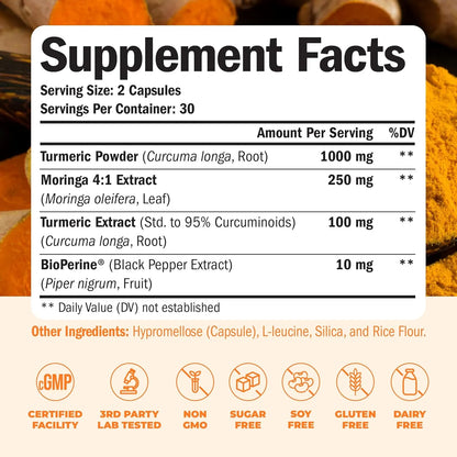 Extracto Curcumina Cúrcuma Moringa Pimienta Negra Suplemento Articular Energía