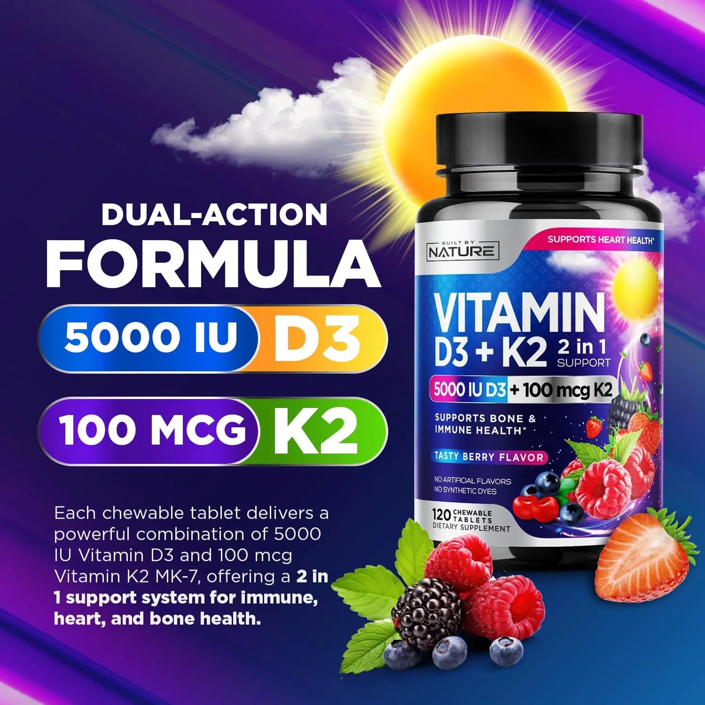 Vitamina D3 K2 Masticable 5000 Ui Y 100 Mcg Mk7 Sabor Bayas 120 Tabletas