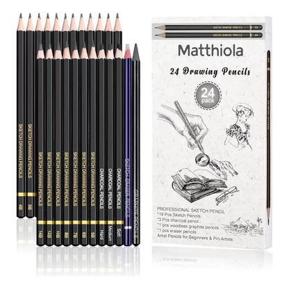 Set De Lapices Para Dibujo 24 Piezas Profesional Con Carbon Y Borrador