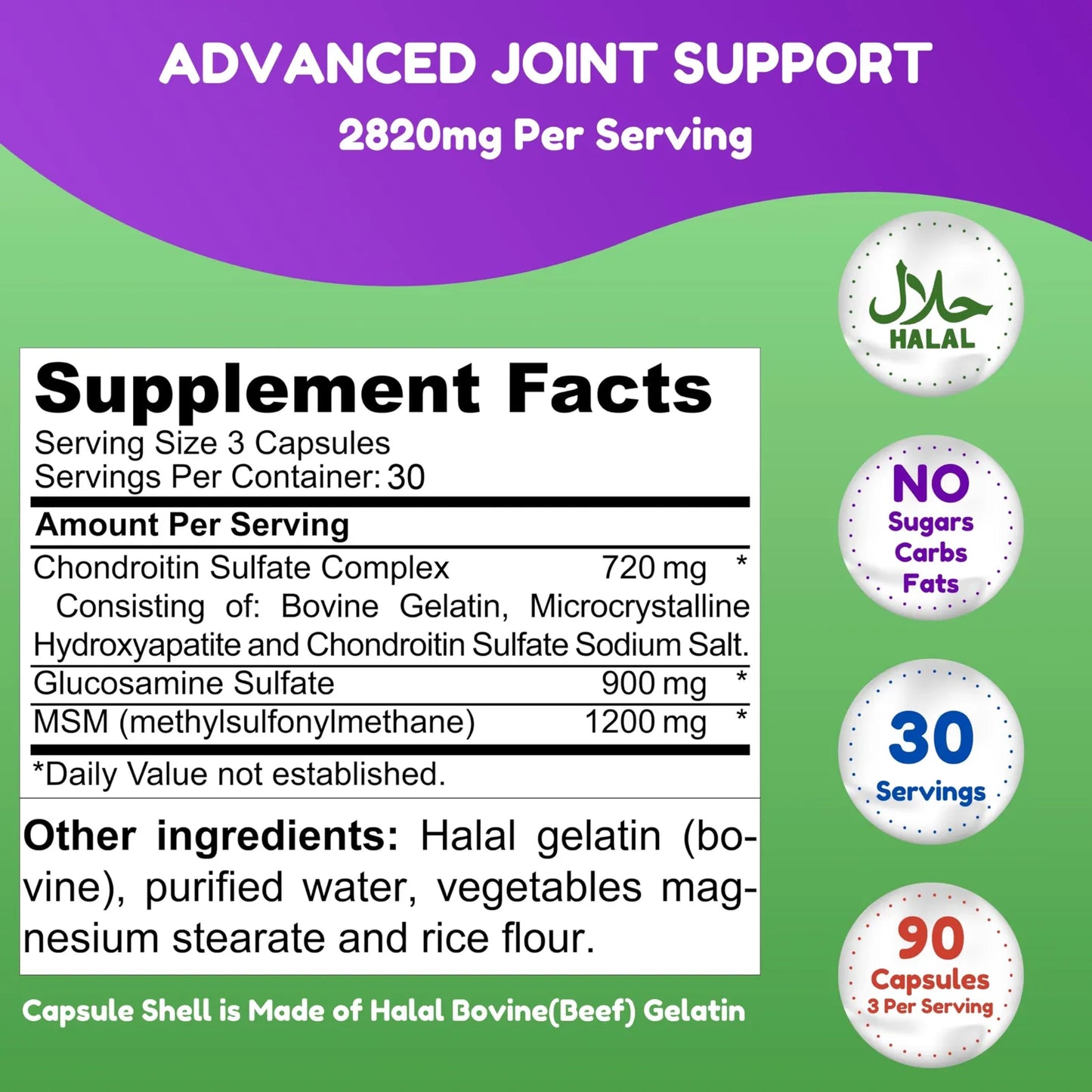 Suplemento Articular Halal Glucosamina Condroitina MSM 2820 Mg 30 Cápsulas