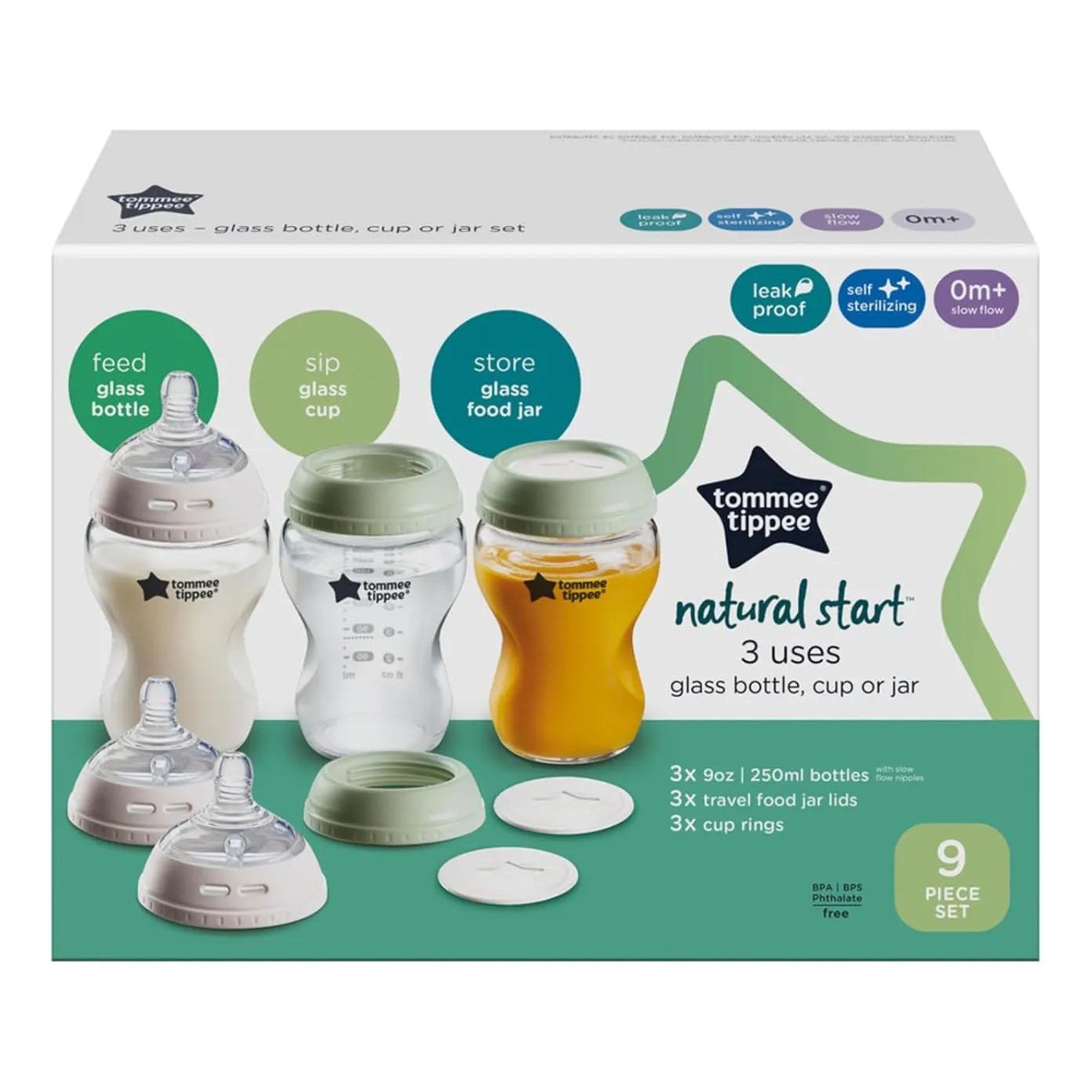Biberón De Cristal 9 Onzas Con Pezón De Flujo Lento Y Tapas Tommee Tippee Natural Start