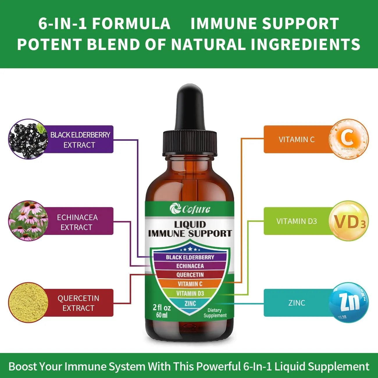 Zinc Quercetina Vitamina C D3 Liquido Inmunologico Con Equinacea Y Saúco 2 Oz