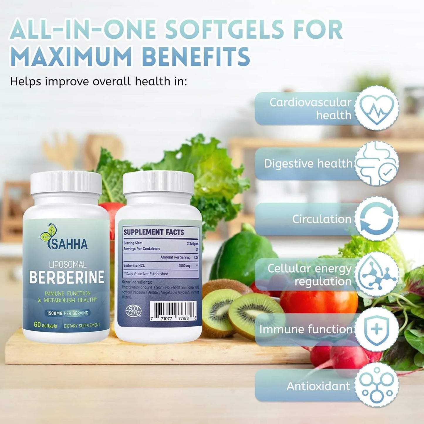 Cápsulas Liposomales Berberina 1500mg Sahha Absorción Superior Efecto Antioxidante