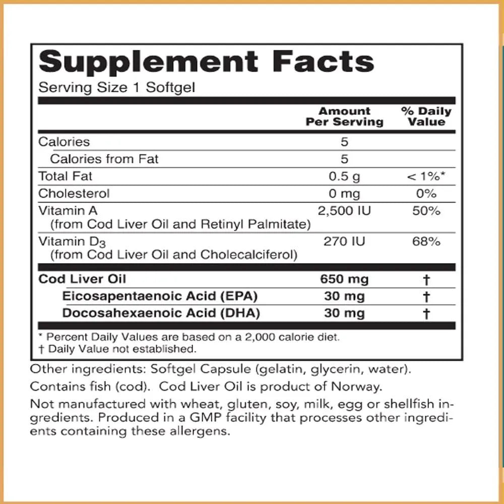 Capsulas Aceite Higado Bacalao 100 Unidades Con Omega 3 EPA DHA Vitaminas A D3