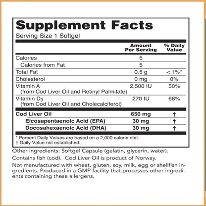 Capsulas Aceite Higado Bacalao 100 Unidades Con Omega 3 EPA DHA Vitaminas A D3