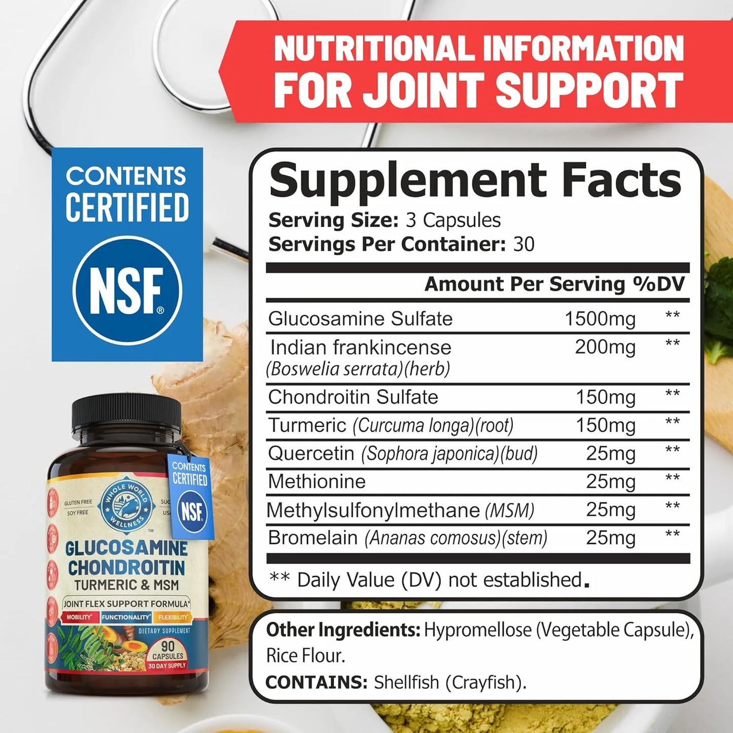 Suplemento Articular Glucosamina Condroitina MSM Curcuma Alivia Dolor Rigidez
