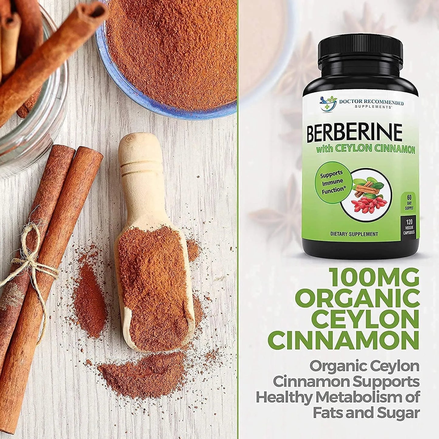 Berberina 1200 Mg Con Canela De Ceilan Organica 120 Capsulas Vegetarianas