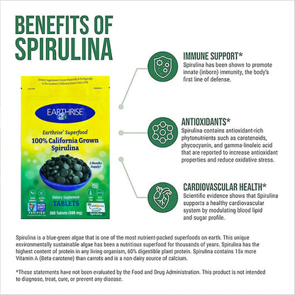 Tabletas De Espirulina Natural 500 Mg 360 Unids Vegana Sin Gluten Cultivada En California
