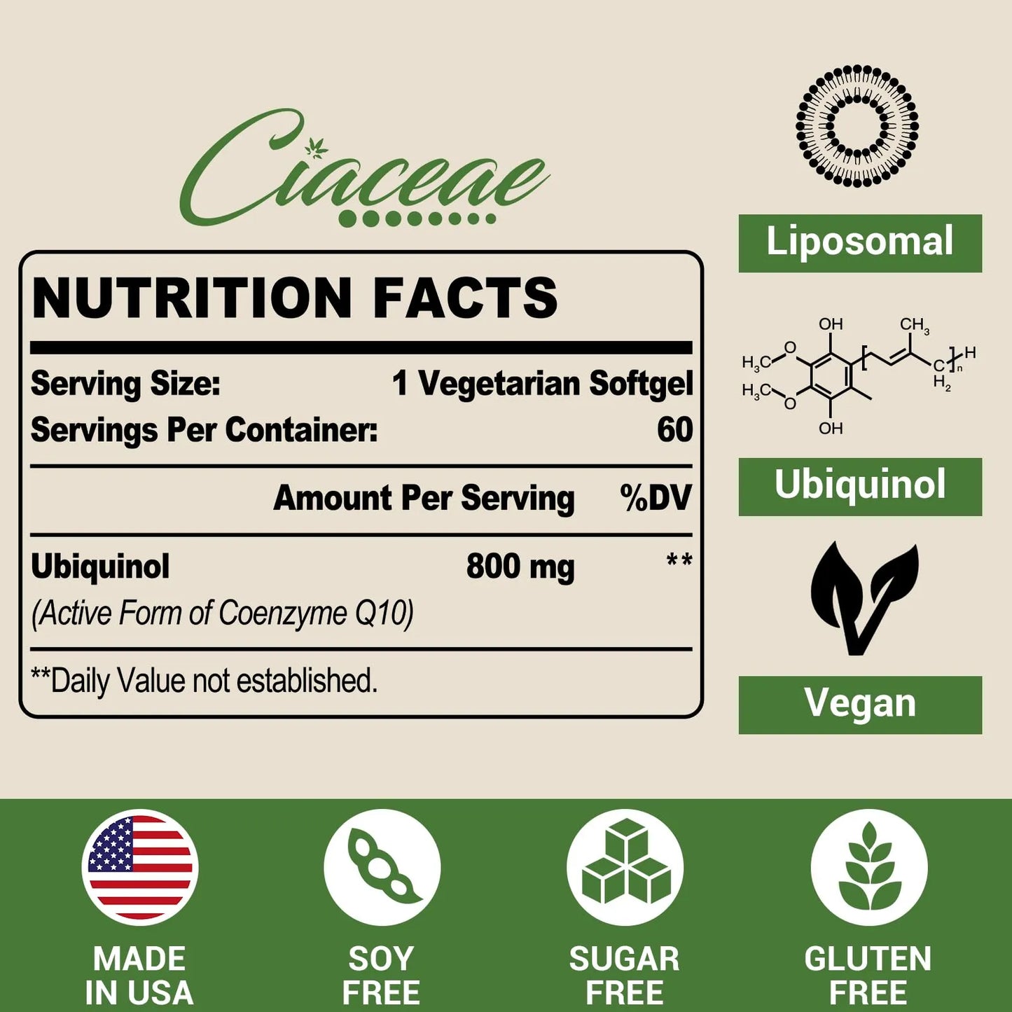 Liposomal CoQ10 800mg Ubiquinol Cápsulas Blandas Máxima Absorción Antioxidante Y Energía