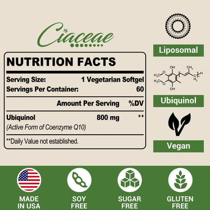 Liposomal CoQ10 800mg Ubiquinol Cápsulas Blandas Máxima Absorción Antioxidante Y Energía