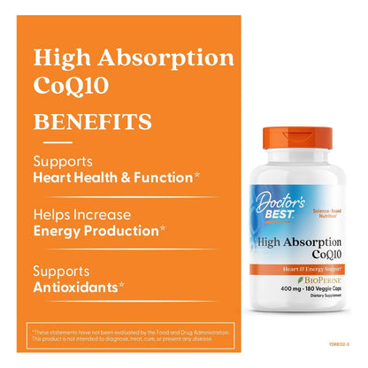 Doctor's Best CoQ10 Alta Absorción 400 Mg Con Bioperine 180 Cápsulas Vegano