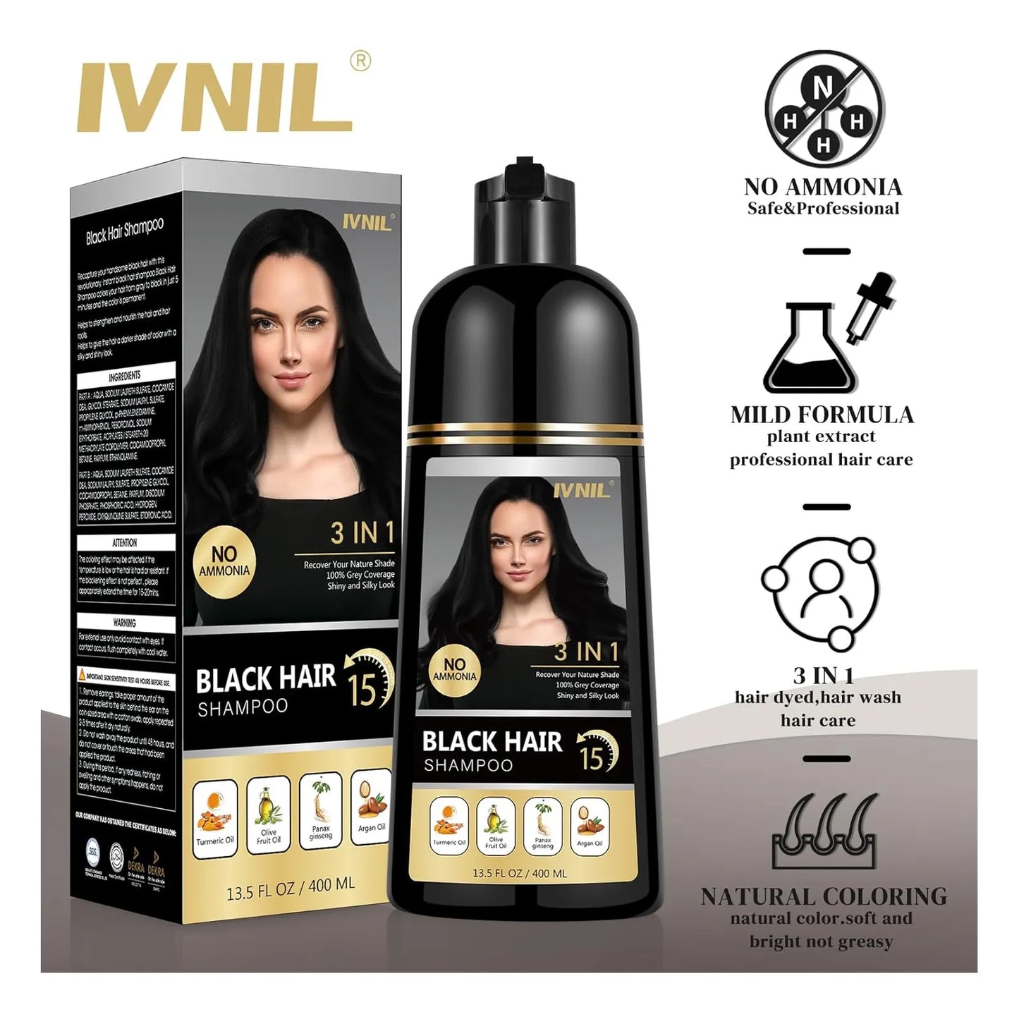 Champu Tinte Cabello Negro Permanente 3 En 1 Cobertura Canas 400Ml