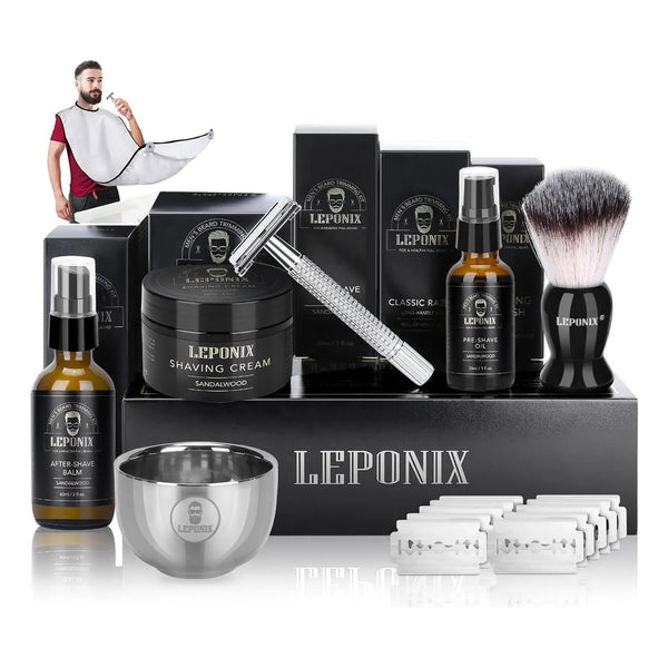 Kit De Afeitado Premium Hombre Maquinilla Seguridad Cuchillas Repuesto Crema Sandalo Regalo