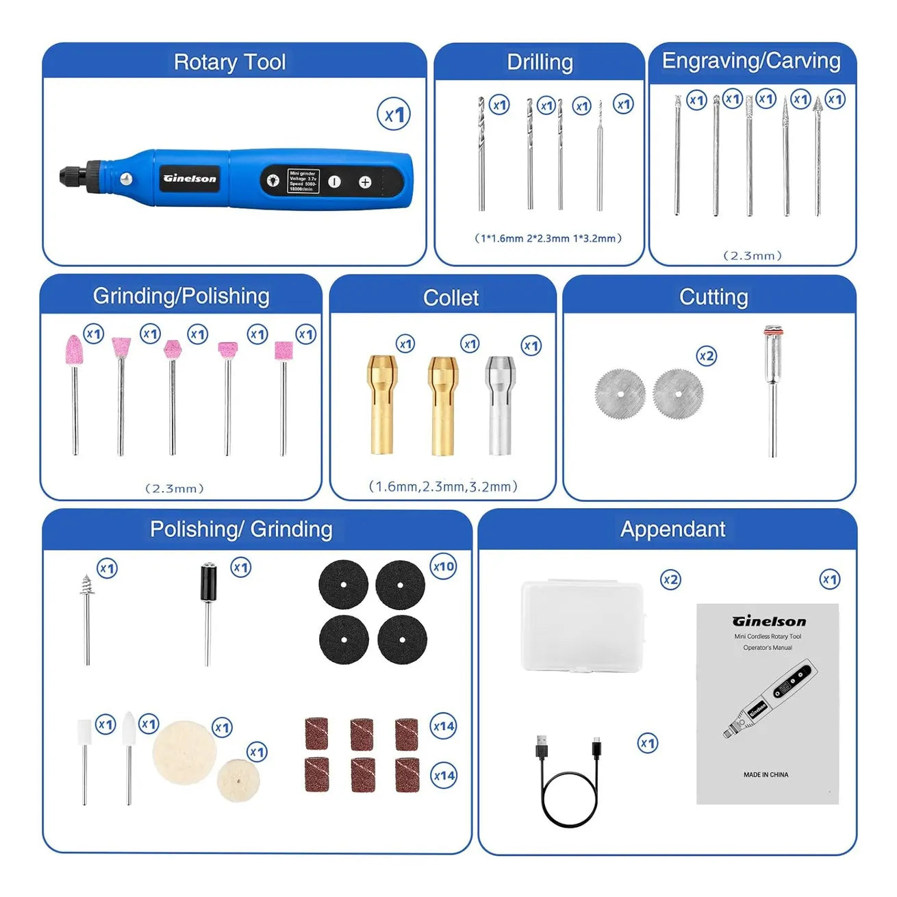 Herramienta Giratoria Inalambrica Ginelson Kit Multiusos Corte Pulido Grabado