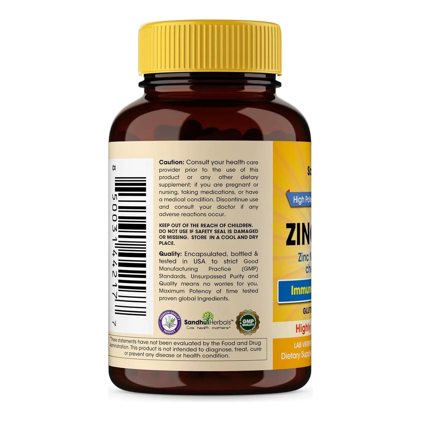 Sandhu Herbals Suplemento De Zinc 50 Mg Monometionina Alta Absorción 60 Cápsulas