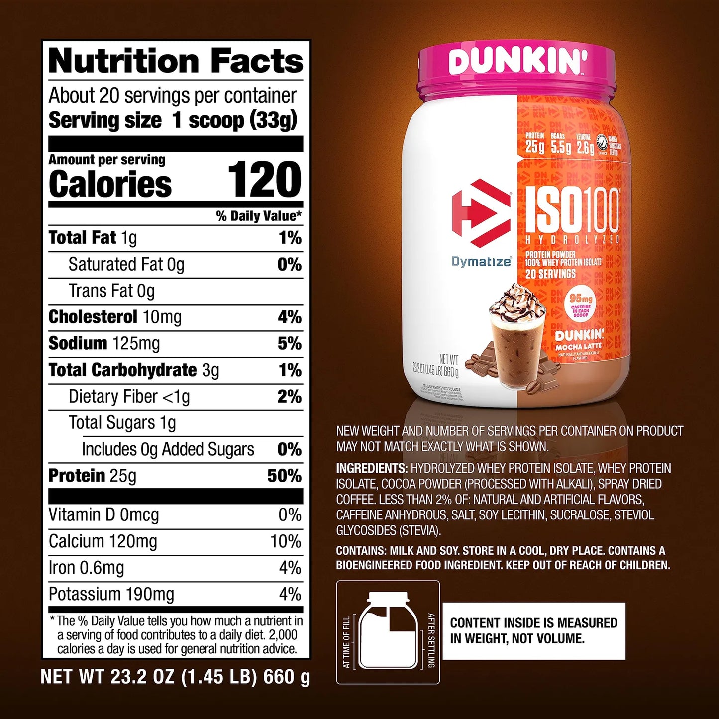 ISO100 Proteina Hidrolizada Dunkin Mocha Latte 26g Porcion 20 Servicios