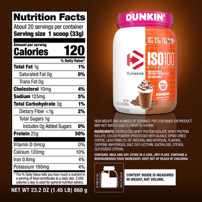 ISO100 Proteina Hidrolizada Dunkin Mocha Latte 26g Porcion 20 Servicios