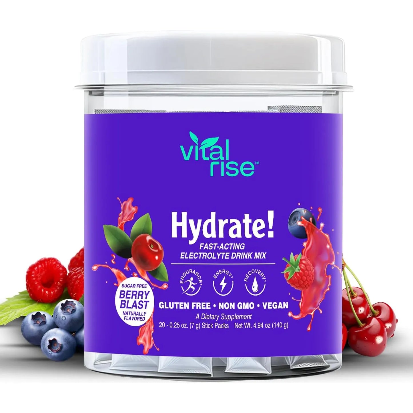 Vital Rise Hydrate Berry Blast Polvo Electrolitos Bajo Sodio 20 Sobres
