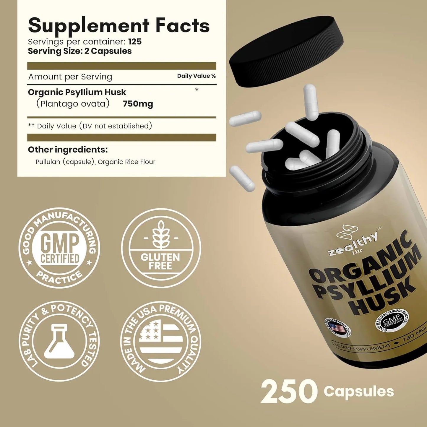 Capsulas Organicas De Cascara De Psyllium 750 Mg 250 Unidades Fibra Soluble Salud Intestinal