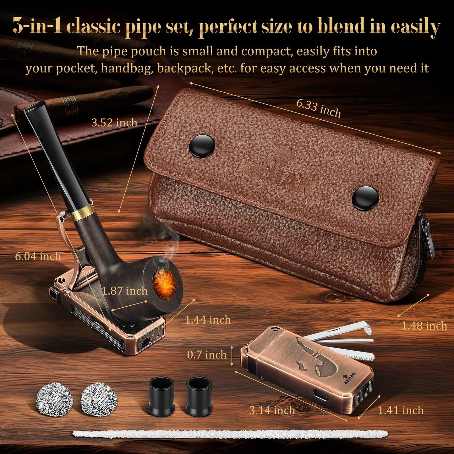 Juego De Pipa De Tabaco Artesanal En Madera Con Encendedor Y Estuche De Cuero Premium