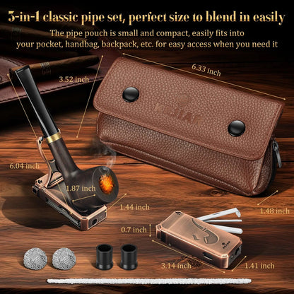Juego De Pipa De Tabaco Artesanal En Madera Con Encendedor Y Estuche De Cuero Premium