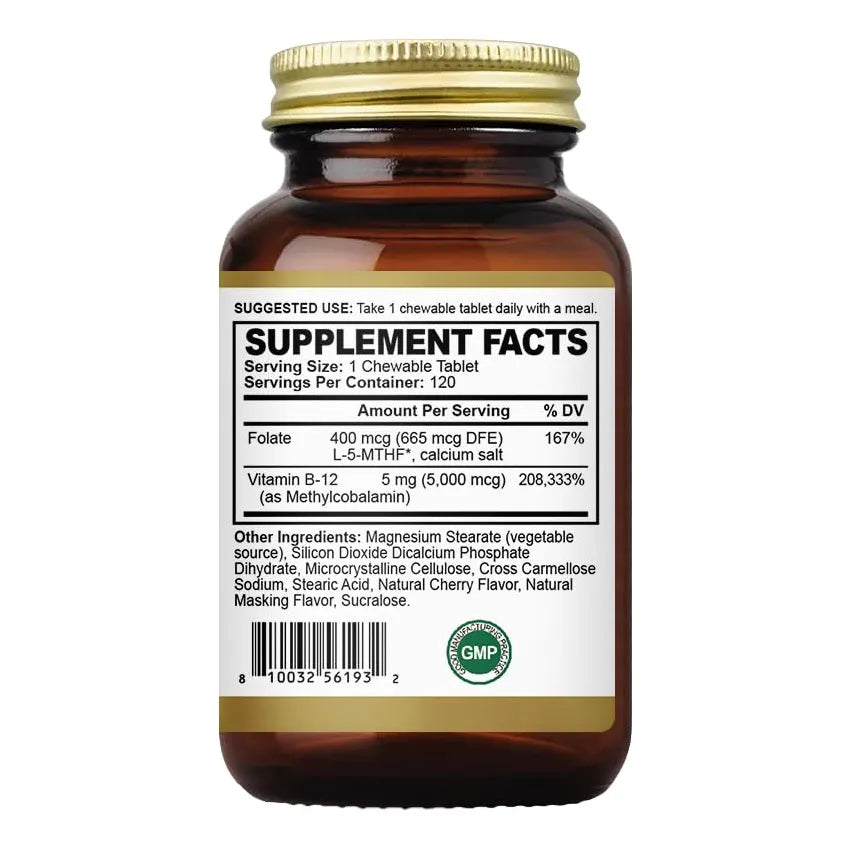 Vitamina B12 Metilcobalamina 5000 Mcg Con Ácido Fólico 120 Tabletas Masticables Sabor Cereza